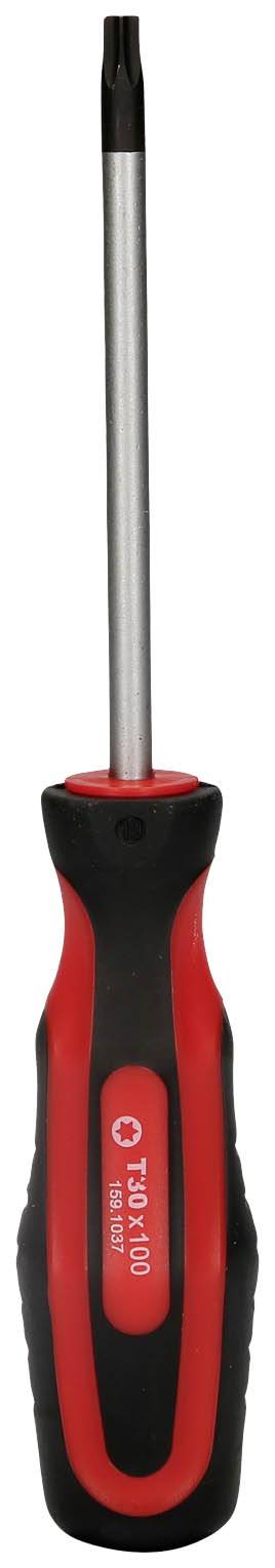 A red and black screwdriver with an ergonomic handle and a T-shaped bit at the tip.