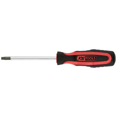 A screwdriver with a red and black handle and a long metallic shaft. Marking: 'KS Tools'.