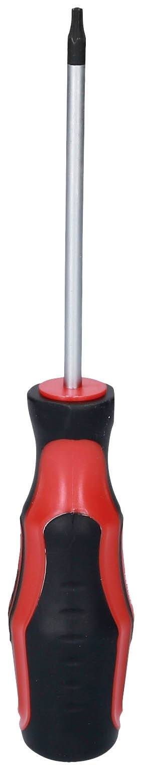 Screwdriver with a red and black handle and a long, narrow tip.