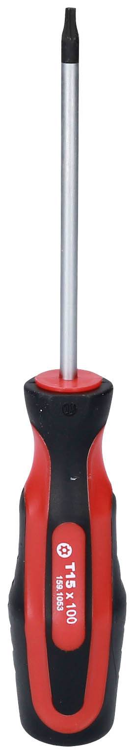 Screwdriver with a black handle and red details, suitable for precision work on small screws.