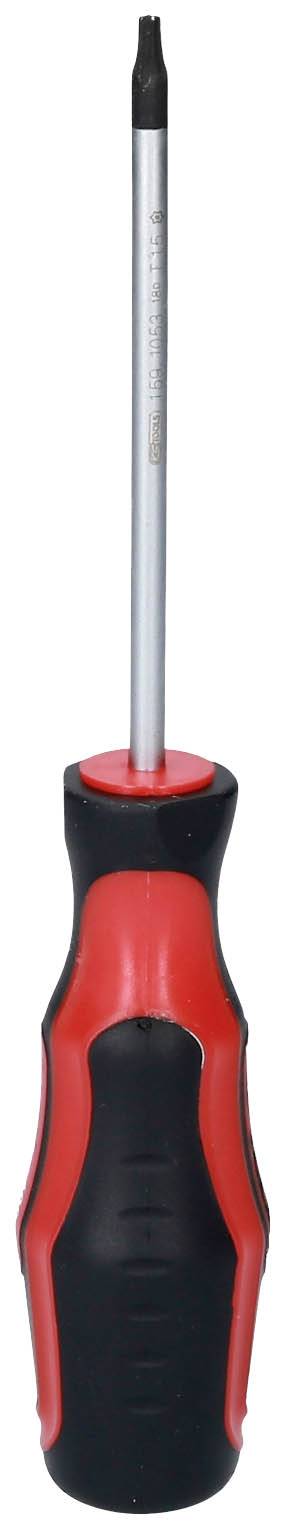 A red and black screwdriver with an ergonomic handle and a flat head, standing on its head, against a white background.