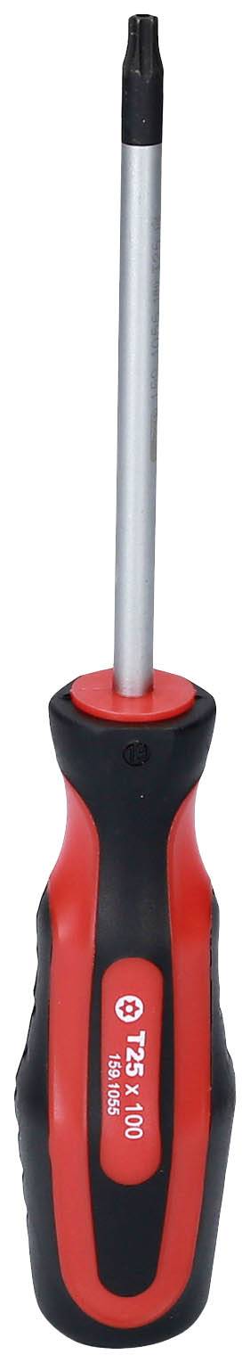 A screwdriver with a red and black ergonomic handle, Torx head, standing upright. Suitable for precision work.