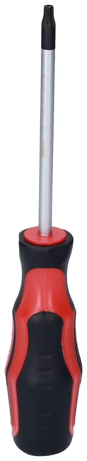 Screwdriver with black and red plastic handle and metal tip.