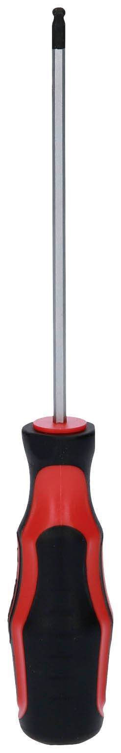 A screwdriver with a red and black ergonomic handle, showing its metal tip. Suitable for DIY and manual work.