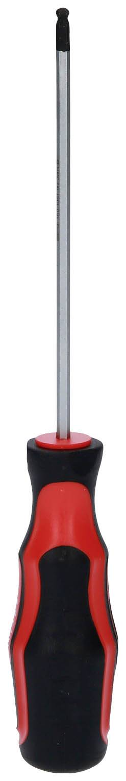 Screwdriver with a black handle and red accents, suitable for tightening and loosening screws.