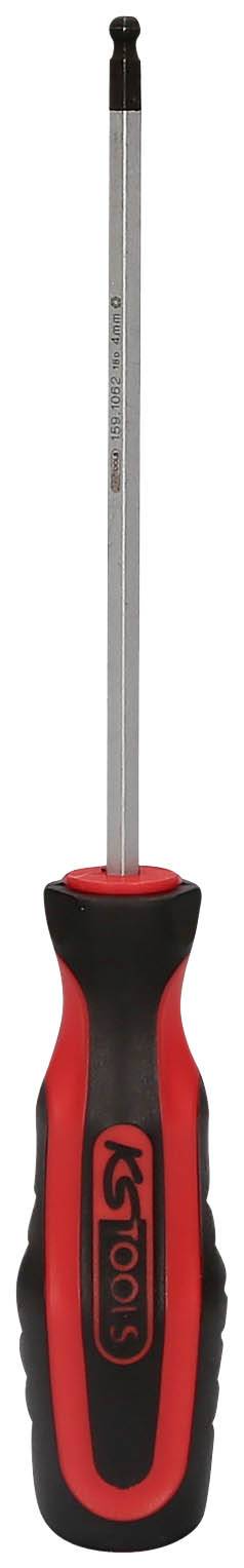 A red and black screwdriver with an ergonomic handle and long metal head, suitable for general screw-related tasks.