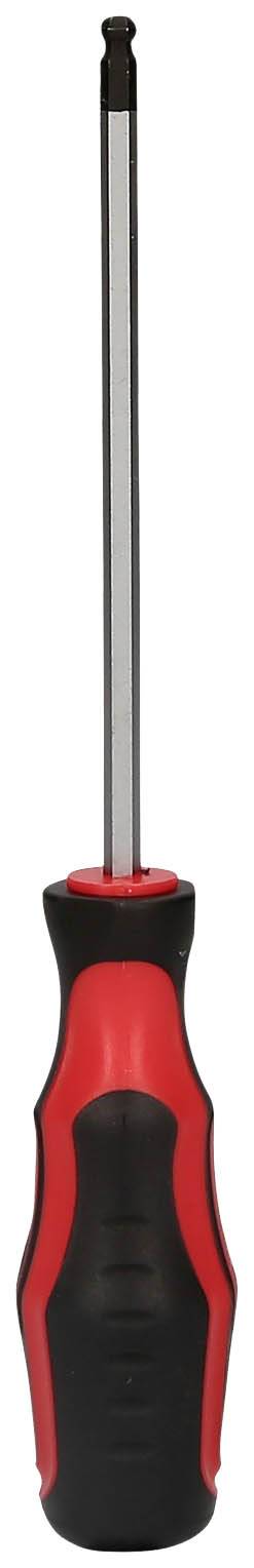 A screwdriver with a red and black handle and a metal shaft with a rounded end.
