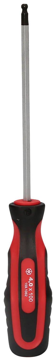 A black and red screwdriver with an ergonomic handle and a long metal shaft.