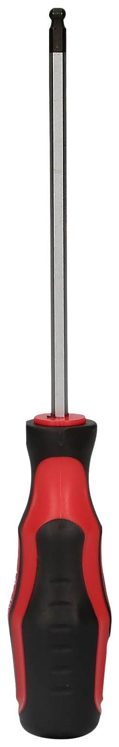 A screwdriver with a black and red handle, suitable for work with screws. The handle is ergonomically designed.