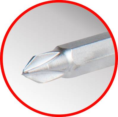 A close-up of a Phillips head screwdriver within a red circle.