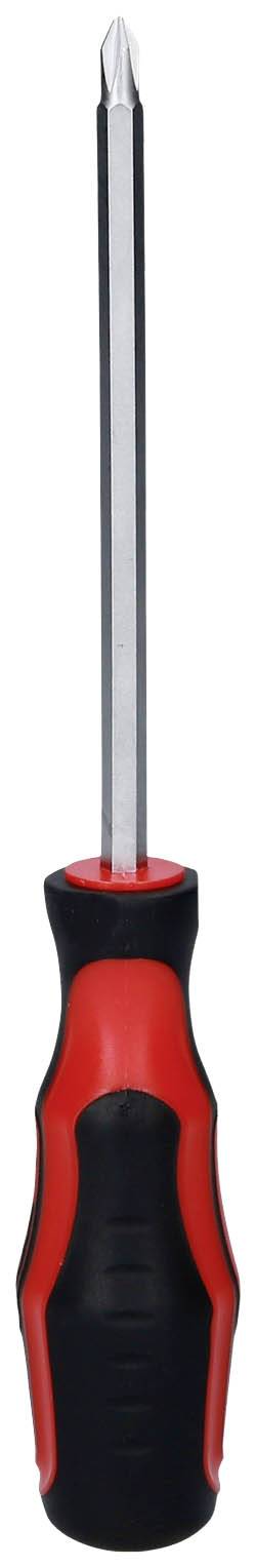 A Phillips head screwdriver with a red and black handle, suitable for tightening or loosening Phillips head screws.