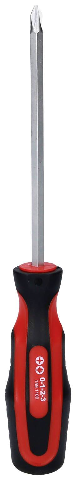 A red and black screwdriver with a cross-head tip, suitable for cross-head screws.