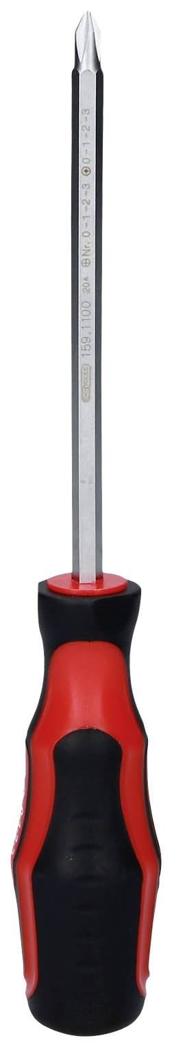 A red and black cross-head screwdriver. Suitable for tightening or loosening cross-head screws.