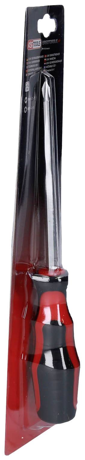 Large screwdriver in red and black packaging. Suitable for heavy-duty tasks, with an ergonomic handle for better grip.