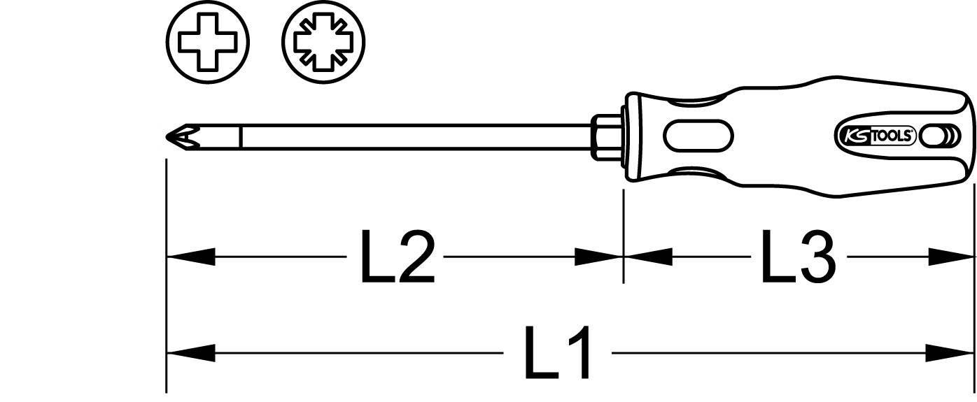 Drawing of a Phillips head screwdriver with handle. Markings L1, L2, L3 indicate different length ranges of the tool.