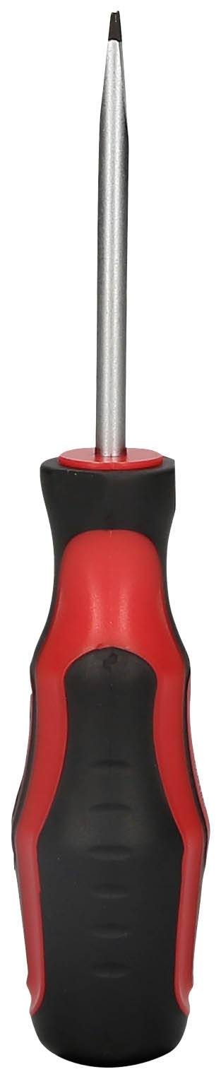 A red and black screwdriver with a metallic shaft, suitable for tightening or loosening screws.