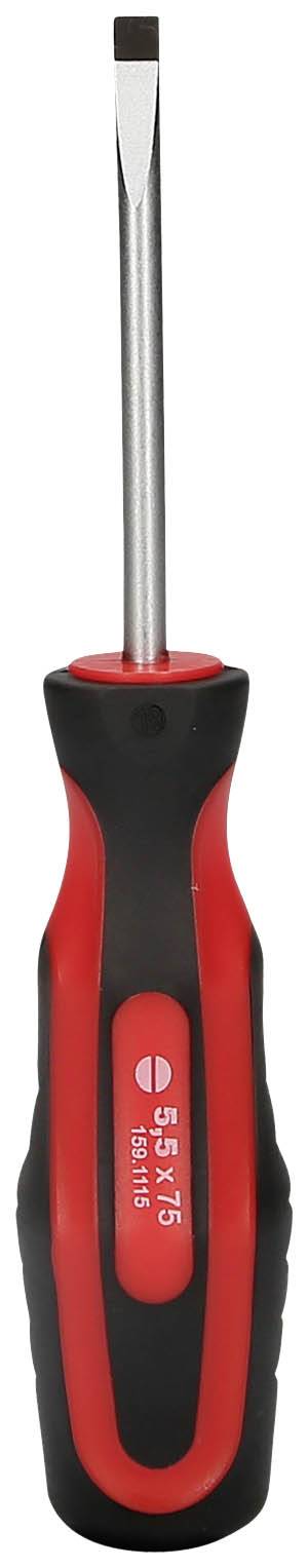 Screwdriver with red and black handle, straight blade. Suitable for general DIY and repair work.