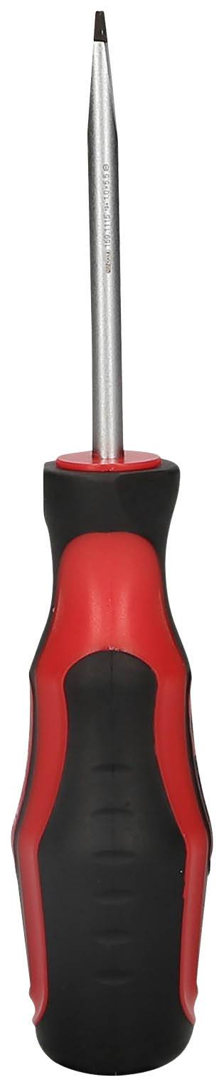 Screwdriver with red and black handle.