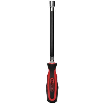 A screwdriver with a red and black handle and a long, slender metal shaft. Suitable for various screw-related tasks.