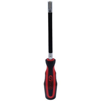 Long screwdriver with red and black handle. Suitable for hard-to-reach places.