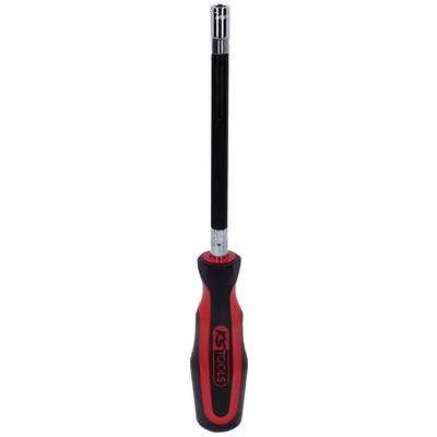 A screwdriver with a red and black handle and a long, silver blade, suitable for tightening or loosening screws.