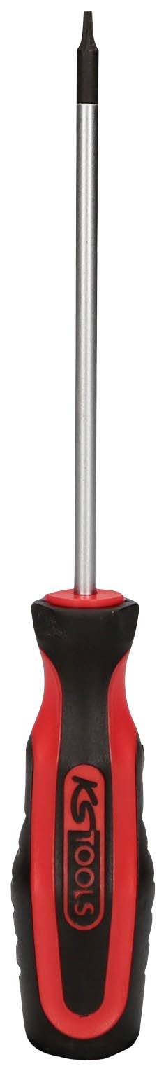 Screwdriver with red and black handle, suitable for precision work.