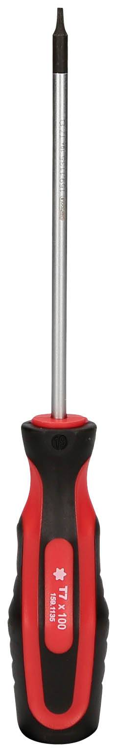 A red screwdriver with a black handle and a cross-head tip is shown vertically from top to bottom.