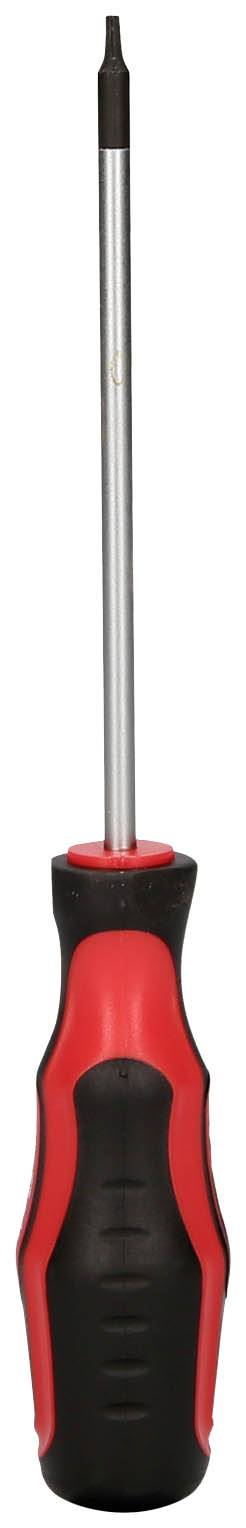 A black and red screwdriver with a non-slip grip and a long metal head.