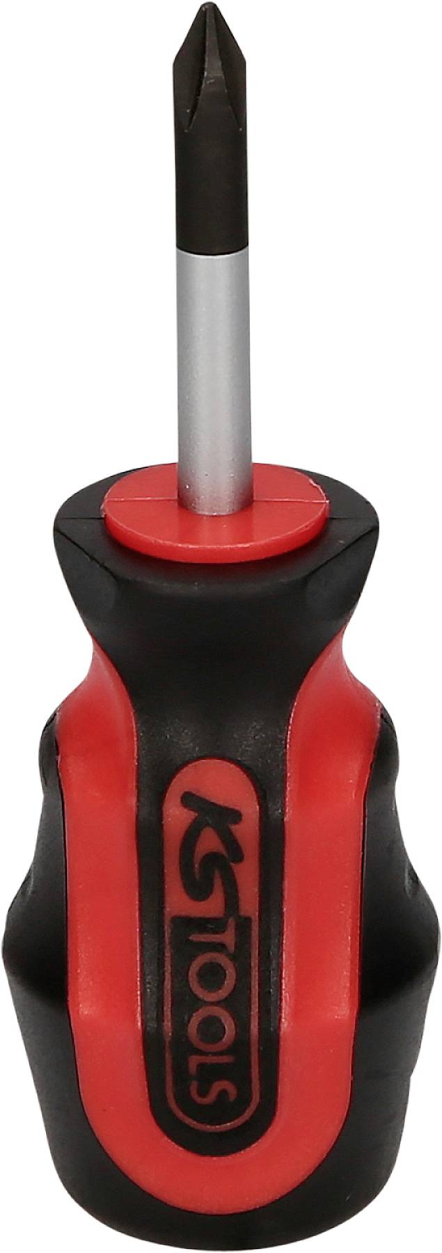 A cross-head screwdriver with a black handle and red accents, suitable for various screw-related tasks.
