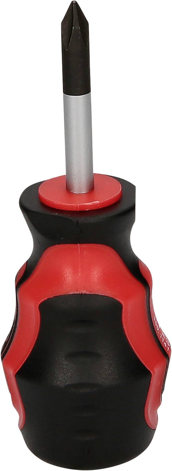 A red and black cross-head screwdriver with an ergonomic handle and short shaft.