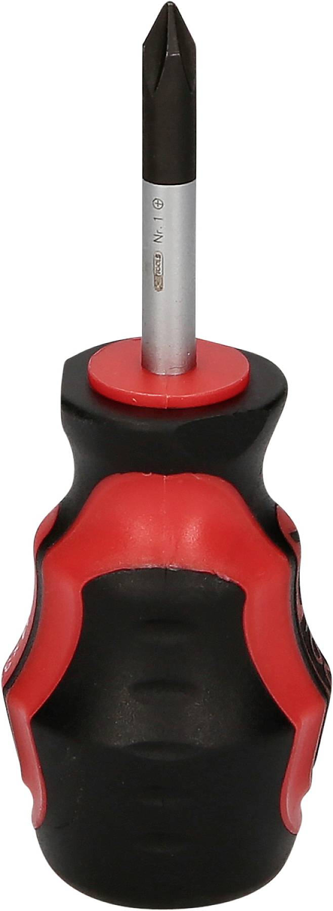 Screwdriver with a black handle and red accents, with a cross-head metal tip.