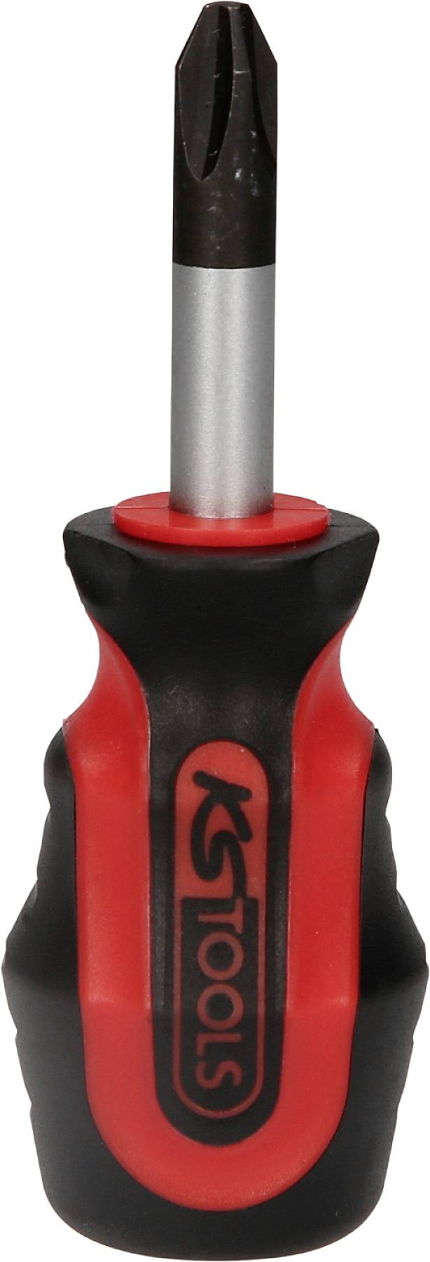 A short, red and black screwdriver with an ergonomic handle and a cross-head tip.