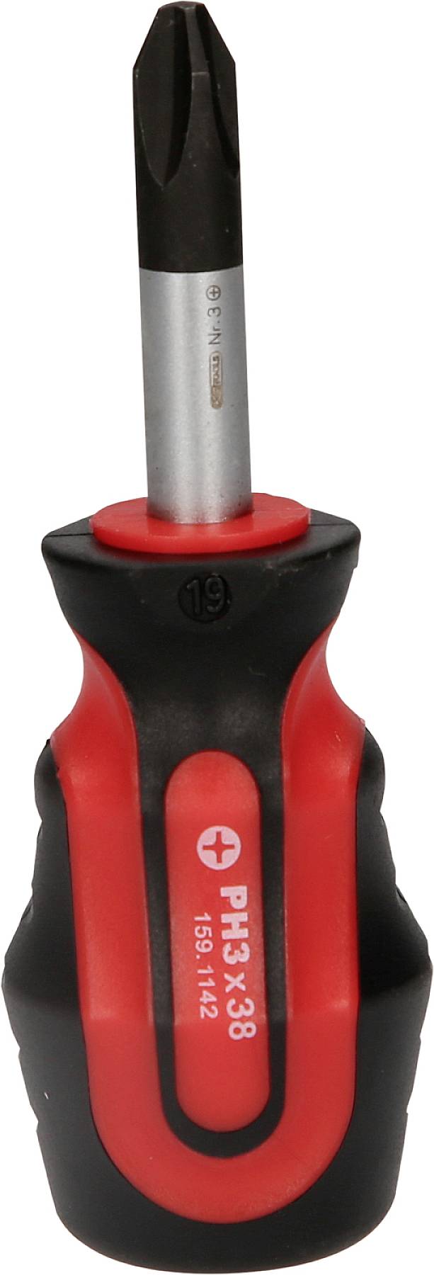 A small screwdriver with a red and black handle and a cross-head tip.