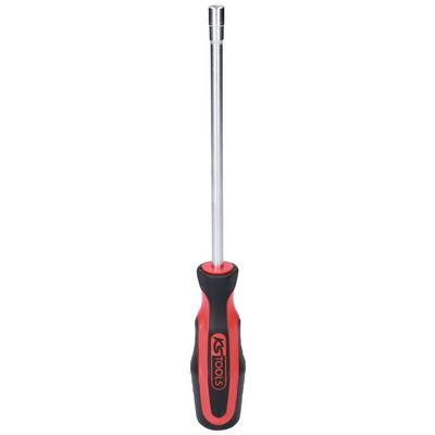 Magnetic screwdriver with red and black handle, suitable for work on metal components.