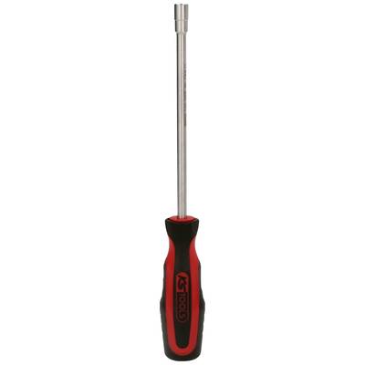 Screwdriver with red and black handle, long metal shaft and hexagonal tip for screw assembly.