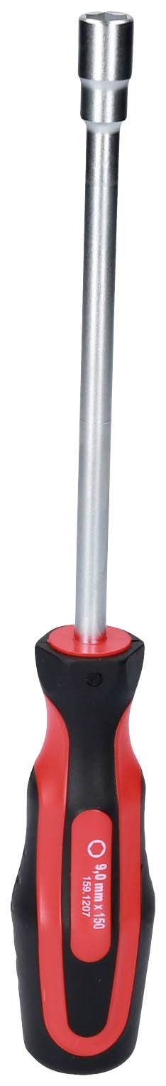 A red and black screwdriver with a long metal handle, suitable for loosening and tightening screws.