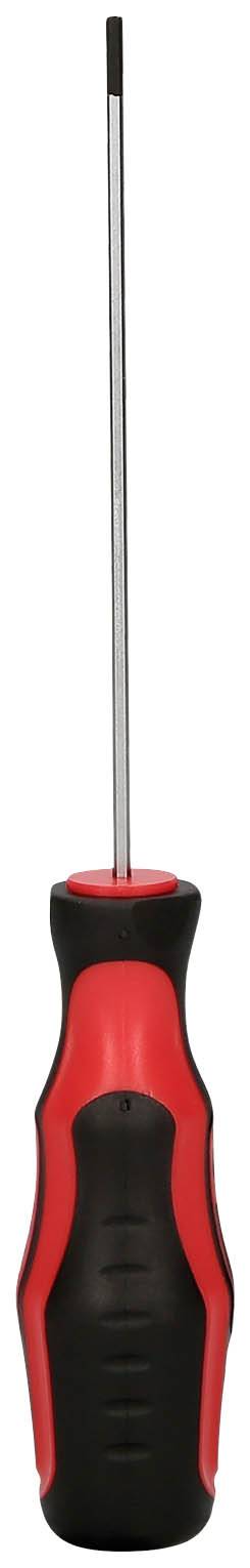 A black screwdriver with a red handle, with the metal blade pointing upwards. Suitable for precise manual work.