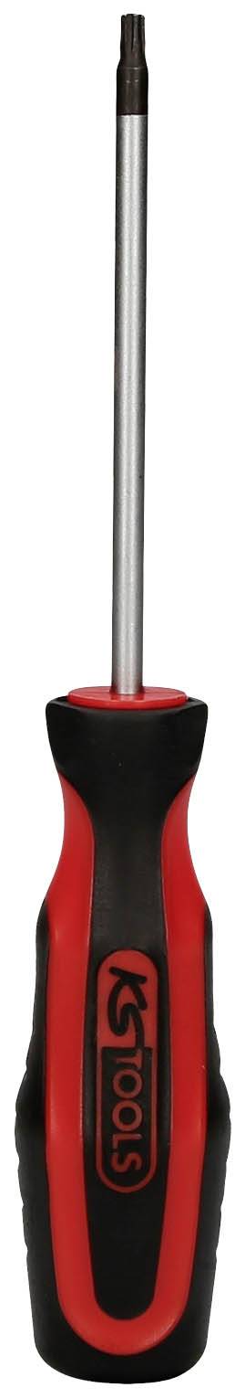 A red and black screwdriver with an ergonomic handle.