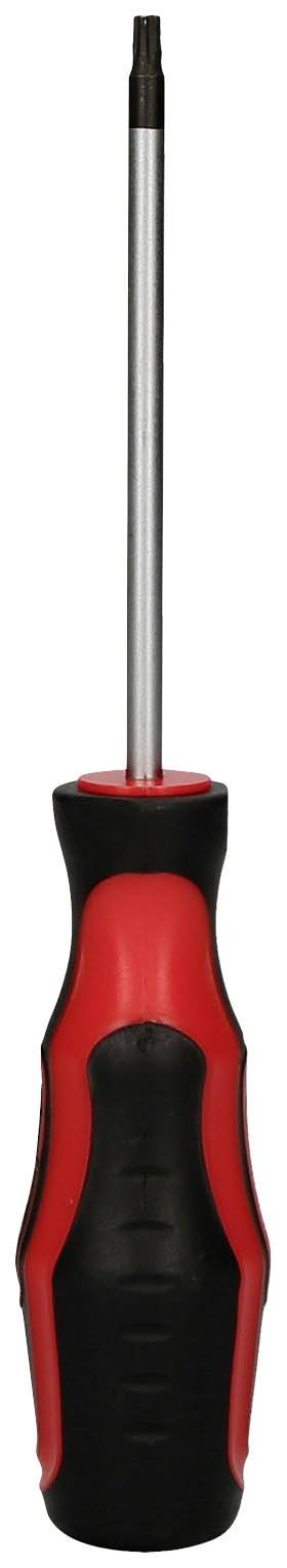 A long screwdriver with a black and red handle, suitable for precise work or use in the workshop.