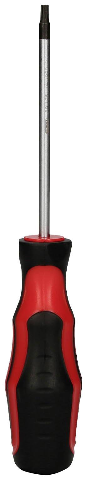 Red screwdriver with a black handle and long metal shaft, suitable for Torx screws.