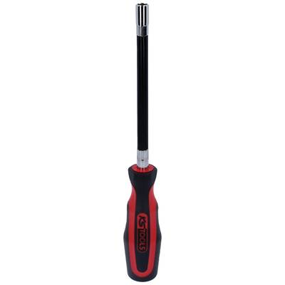 Screwdriver with a long, black shaft and red handle.