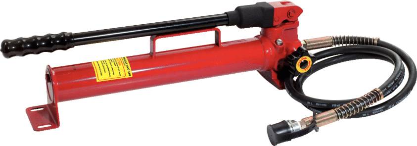 Red hydraulic pump with two hoses, a yellow warning label, and a black handle. Tool for generating pressure in hydraulic systems.