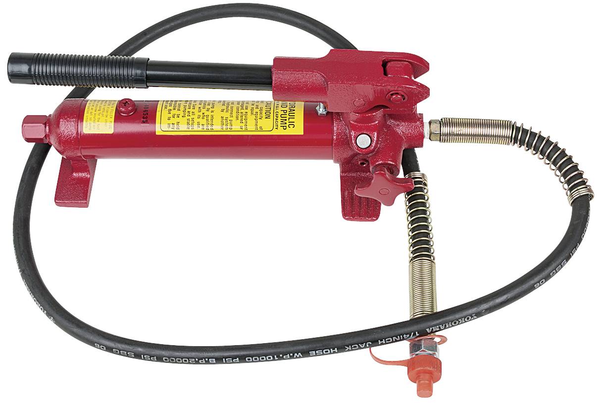 Hydraulic pump with a red casing and black hose. It is commonly used for hydraulic applications such as lifting heavy loads.
