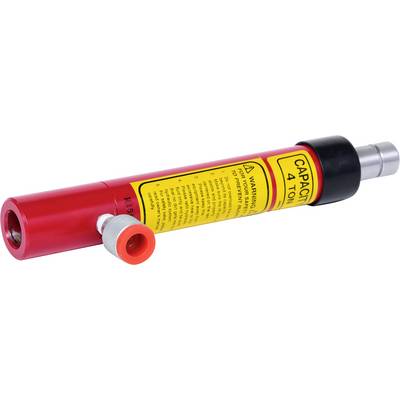 A red hydraulic cylinder with a yellow warning label and the inscription 'Capacity 4 Tonne'.