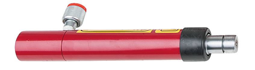 Red hydraulic cylinder with valve at the top, used for pressure applications.