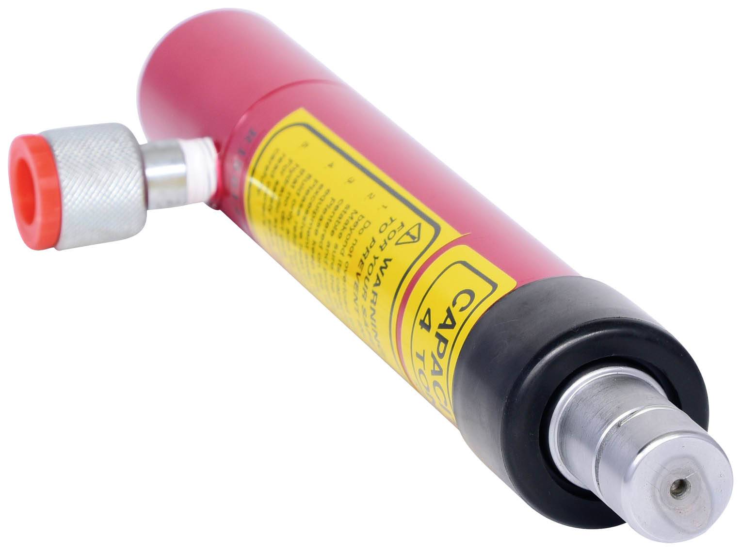 A red hydraulic cylinder with a yellow label and silver connection.