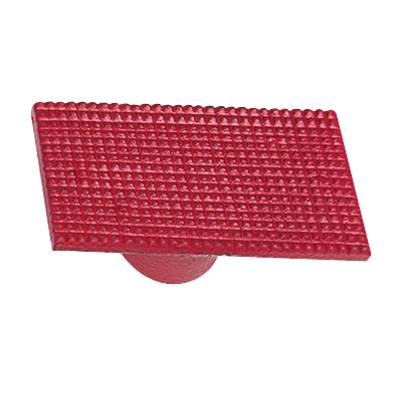 Red table tennis rubber sheet with a square pin pattern, designed for defensive playing style.