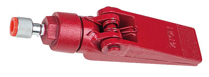 Red spanner with spring mechanism and thread. Used for tightening and loosening mechanical connections.