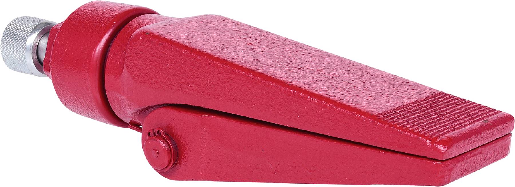 Metal clamping pliers in red with a ribbed surface, used for securing workpieces on machines or workbenches.