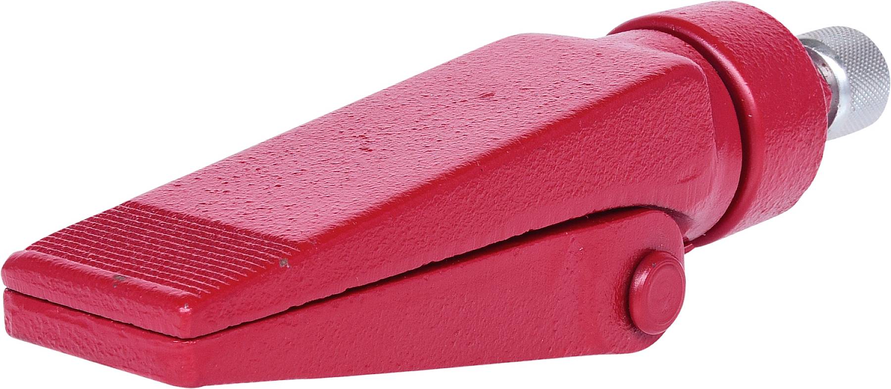 A red metal wedge clamp with a ribbed handle and circular base, used for securing or fastening workpieces.